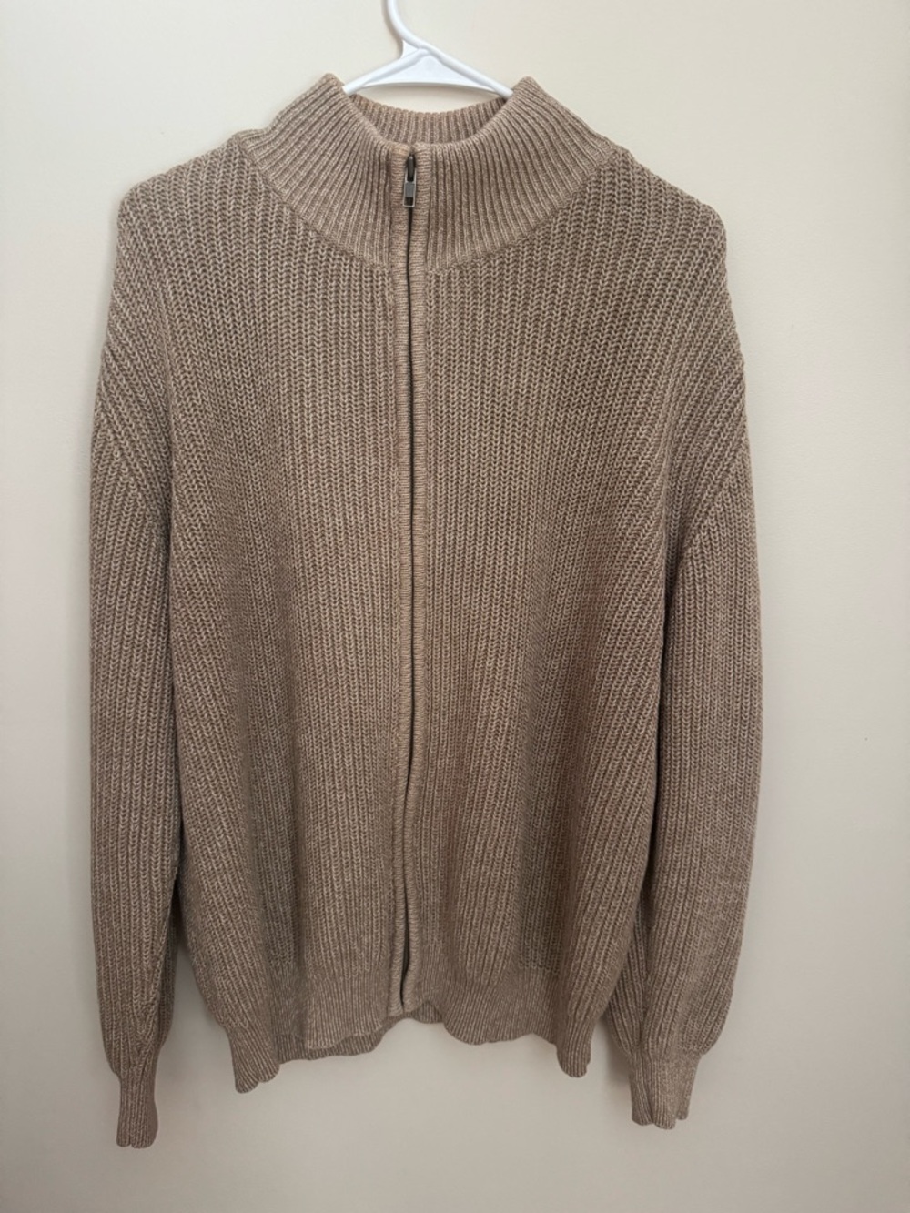 Vintage L.L.Bean Full Zip Ribbed Knit Sweater Tan Men’s Large Mock Neck Cotton